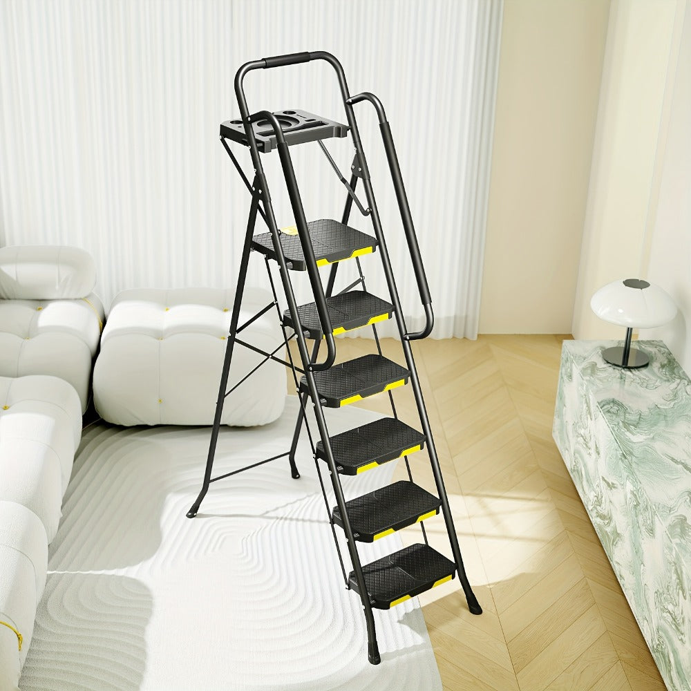 6 Step Ladder with Handrails & Tool Platform 800 LBS ¨C Folding Step Stool Wide Pedal Steel Safety Ladder for Adults, Painting, Home, Garage & Outdoor Use ¨C Auto Safety Lock, Compact Storage