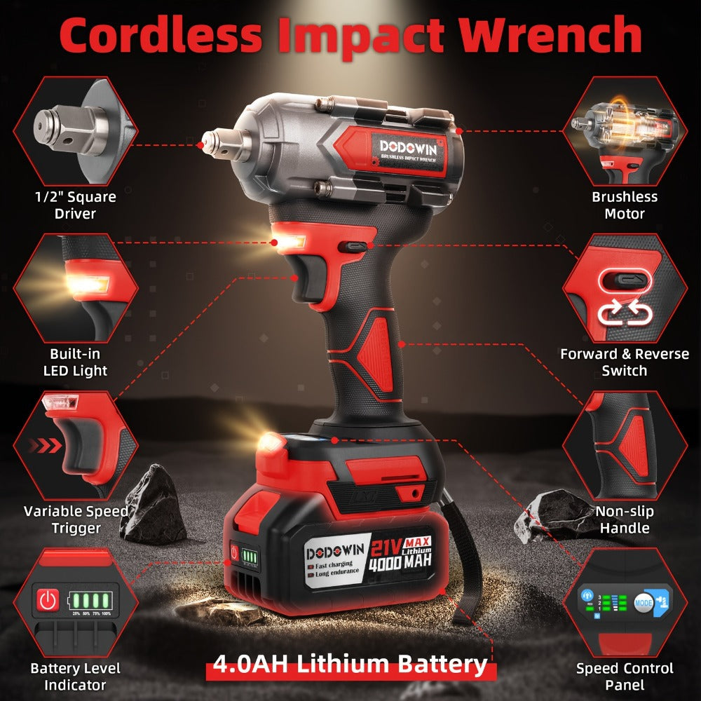 High Torque Impact Wrench Kit 320NM / 1000NM Brushless Cordless ¨C 21V with 2.0AH / 4.0AH Batteries, Quick Charger, 6 Sockets & Full Accessories, Electric Impact Gun for Car Repair, Auto Mechanic & Home Use