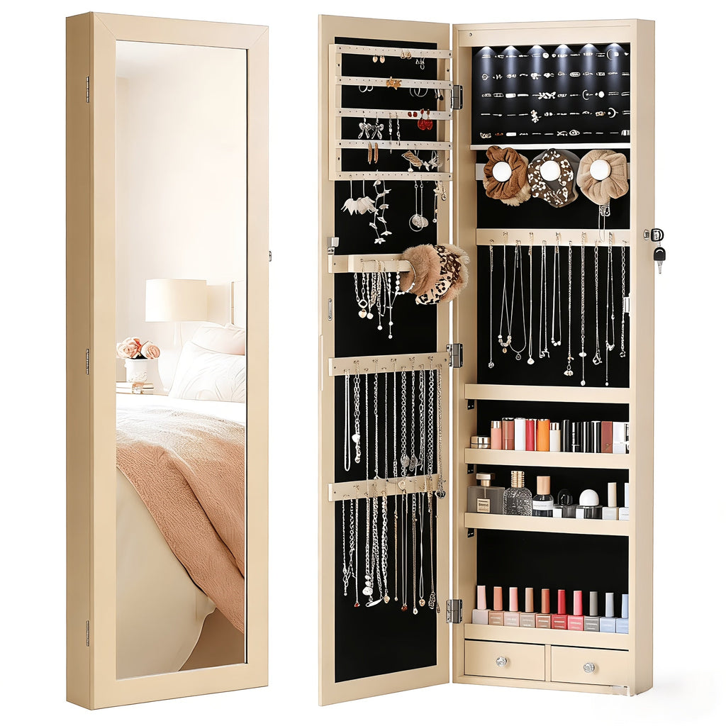 Jewelry Armoire Floor Standing 47.2¡± Full-Length Mirror Cabinet with 6 LED Lights Dual Lock, Jewelry Organizer for Necklaces Earrings Rings Bracelets, Bedroom Closet Storage 4 Colors