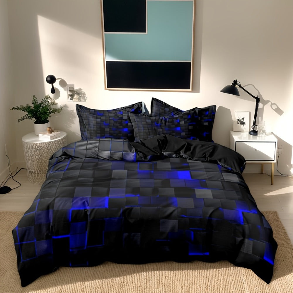Duvet Cover Set Queen King Twin Full 3D Geometric Cube Print | 3-Piece Polyester Bedding Set | Black Blue Grid Pattern | All-Season Soft Quilt Cover + 2 Pillowcases | Machine Washable