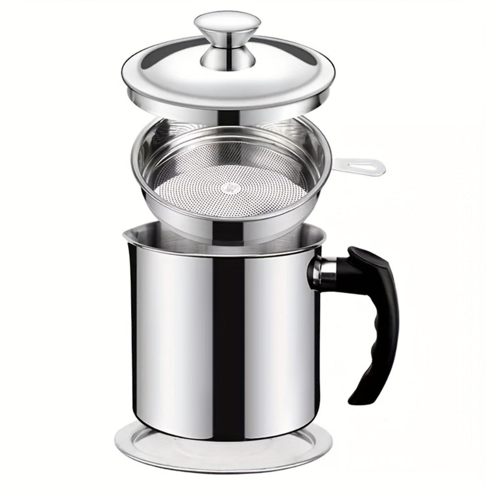 Grease Container with Strainer Stainless Steel BPA Free - Kitchen Bacon Fat Storage Can with Easy Pour Handle for Cooking Oils and Fats, Essential Kitchen Accessory