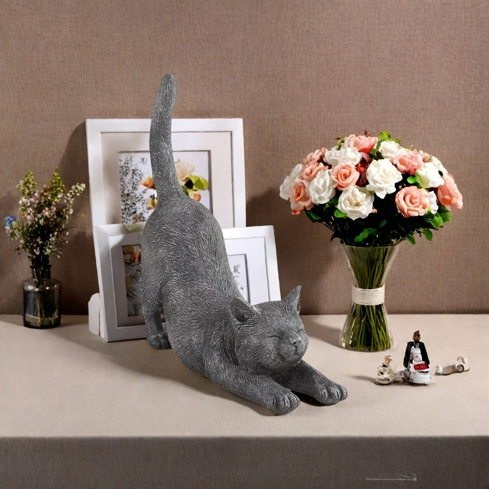 Yoga Cat Statue Hand-Painted Stretching Cat Figurine Grey Resin Decorative Sculpture for Home Office Garden Indoor Outdoor Decor Cat Lover Gift High-Quality Finish Stylish Ornament