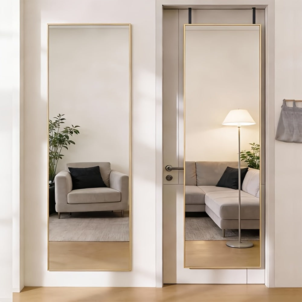 Full Length Mirror 47x14 ¨C Over the Door or Wall Mounted Hanging Mirror, Aluminum Alloy Frame, Full Body Dressing Mirror for Bedroom, Living Room & Entryway, Arched & Rectangular, Black & Gold