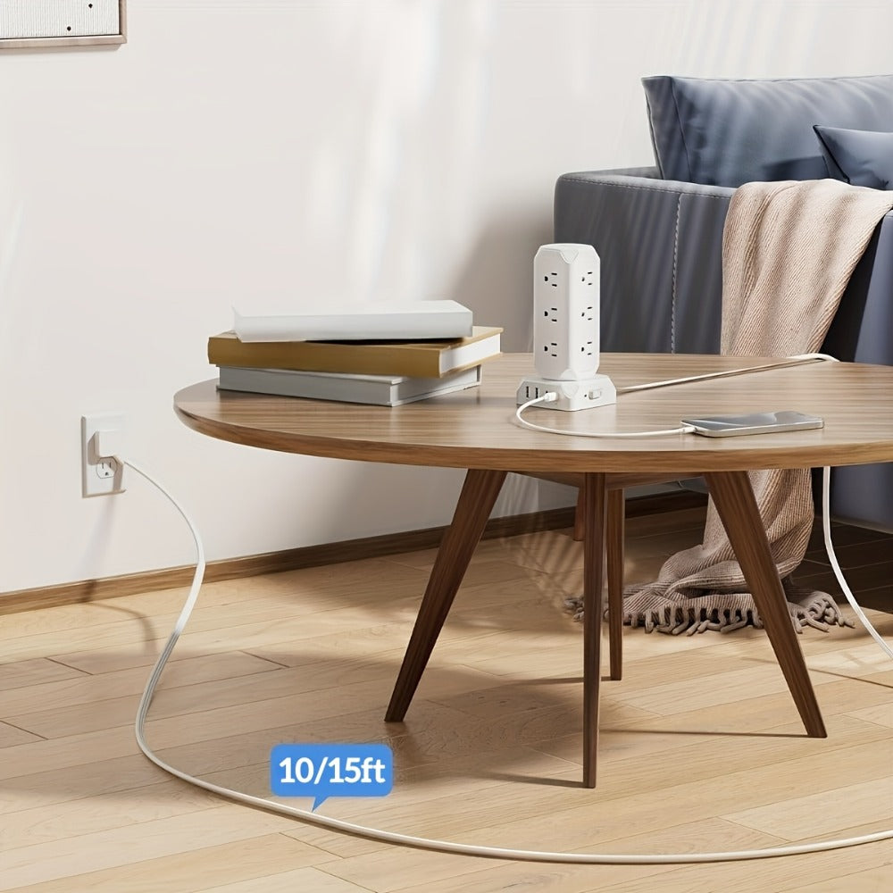 Power Strip Tower 16-in-1 Surge Protector 12 AC Outlets 4 USB Ports USB-C PD20W 1800J Protection Desktop Charging Station 10ft or 15ft Extension Cord for Office School Dorm White
