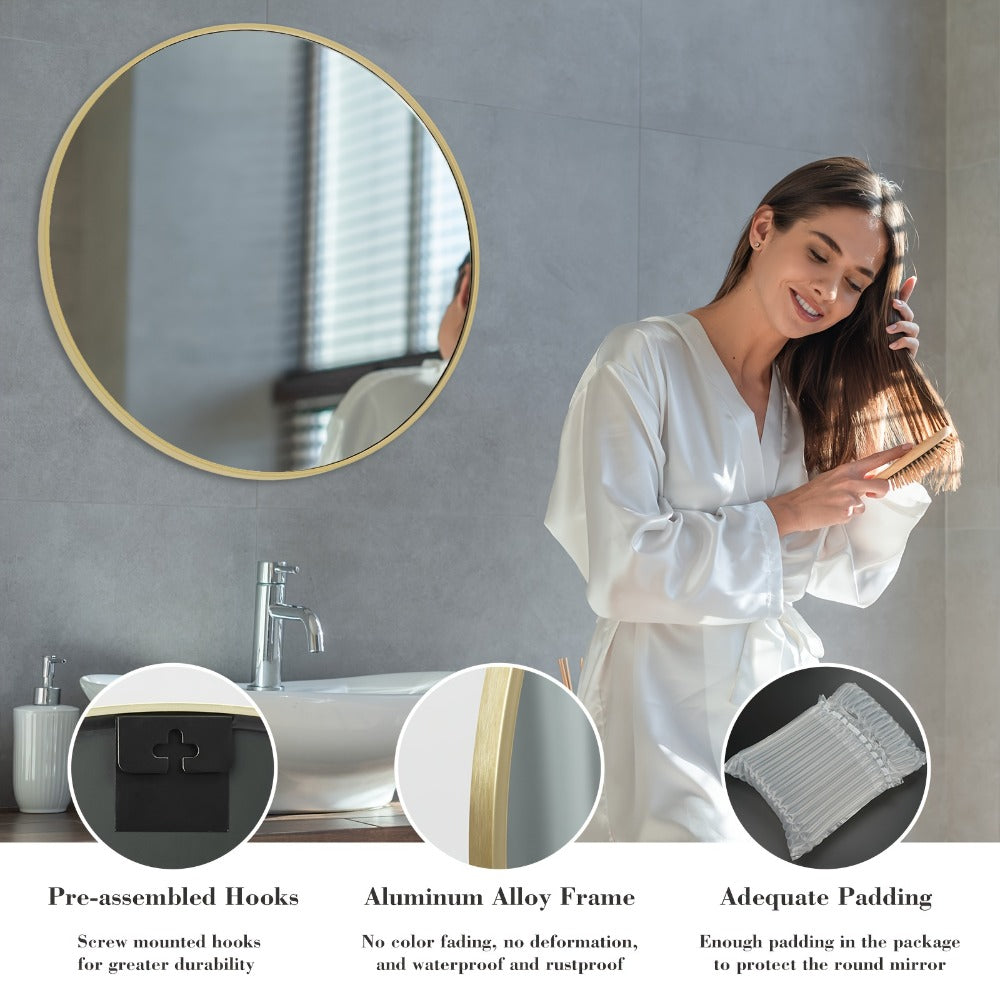 Round Wall Mirror Aluminum Alloy Frame ¨C Modern Circle Mirror for Bedroom, Bathroom & Living Room, Tempered Glass, Black & Gold, 20in 28in 30in 36in