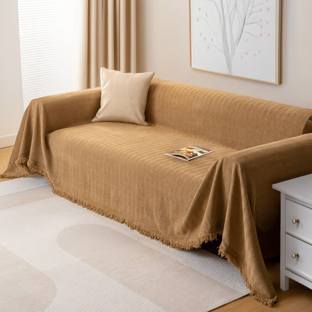 Couch Cover Throw Chenille Fringe Extra Large - Pet Friendly Scratch Proof Non-Slip Washable Polyester Sofa Protector | 3 Seat 71x102in 4 Seat 71x134in | Beige Gray Brown | Living Room Multipurpose