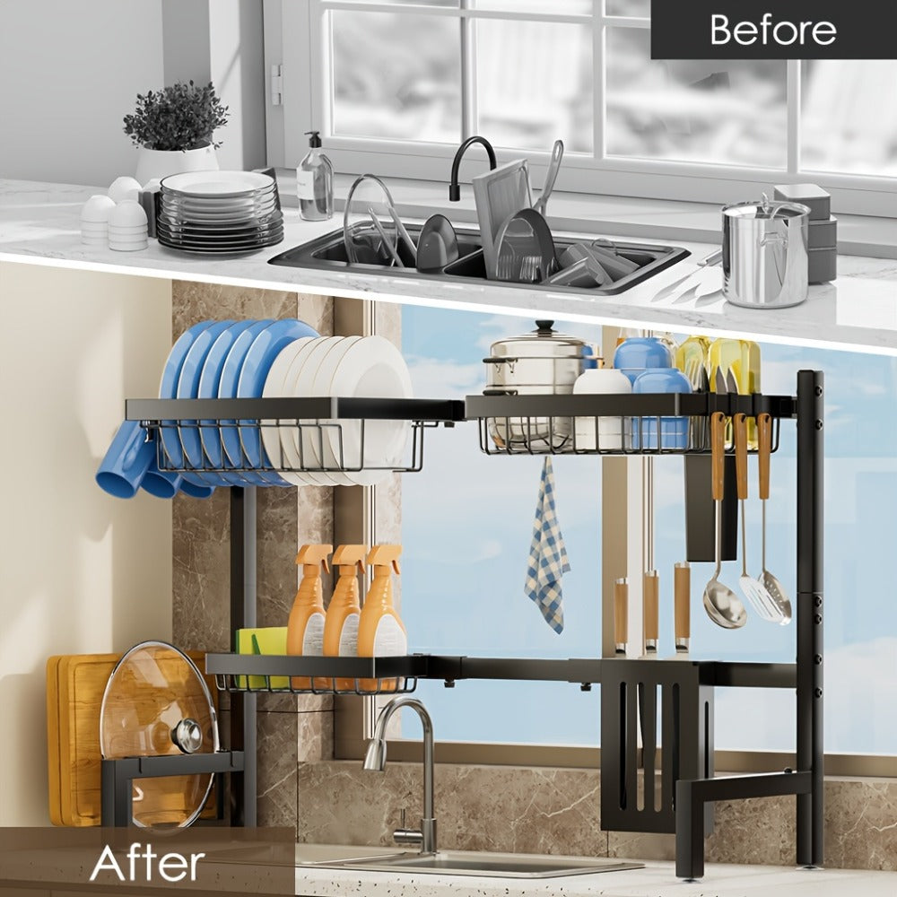 Over-the-Sink Dish Drying Rack Expandable 2-Tier 304 Stainless Steel Adjustable 30-34 Inch with Utensil Holder Knife Holder Cutting Board Holder and 5 Hooks for Kitchen