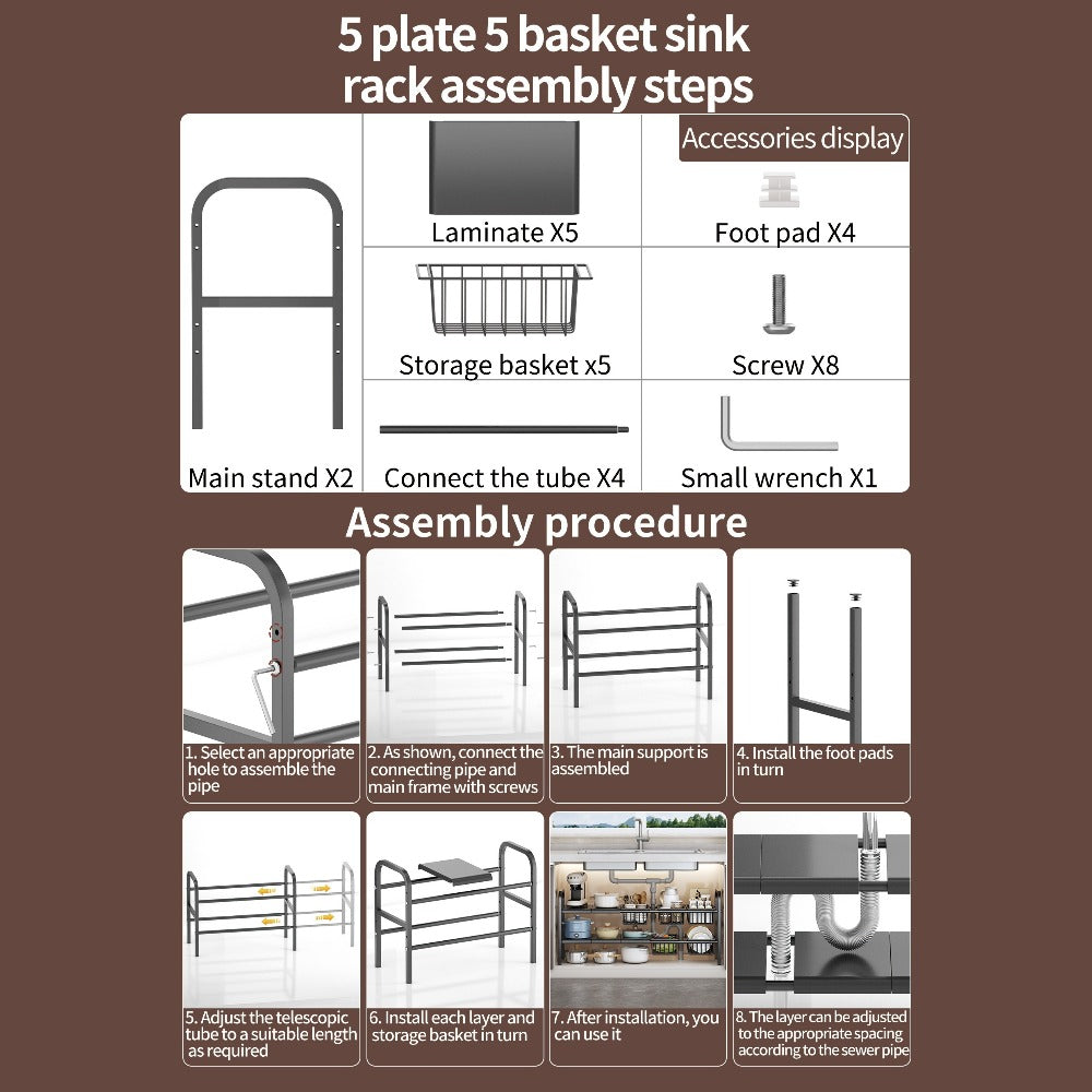 Expandable Under Sink Organizer 2-Tier Cabinet Shelf with 5 Removable Panels & 5 Baskets, Adjustable Under Sink Storage Rack for Kitchen Bathroom Cabinet Organization