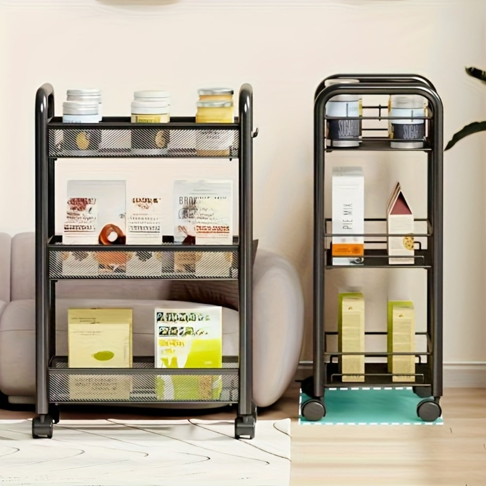 Rolling Storage Cart on Wheels ¨C 3/4/5 Tier Carbon Steel Wire Basket Trolley, Black Metal Utility Cart for Kitchen, Bathroom, Bedroom, Office & Living Room, Space-Saving Detachable Shelving Unit
