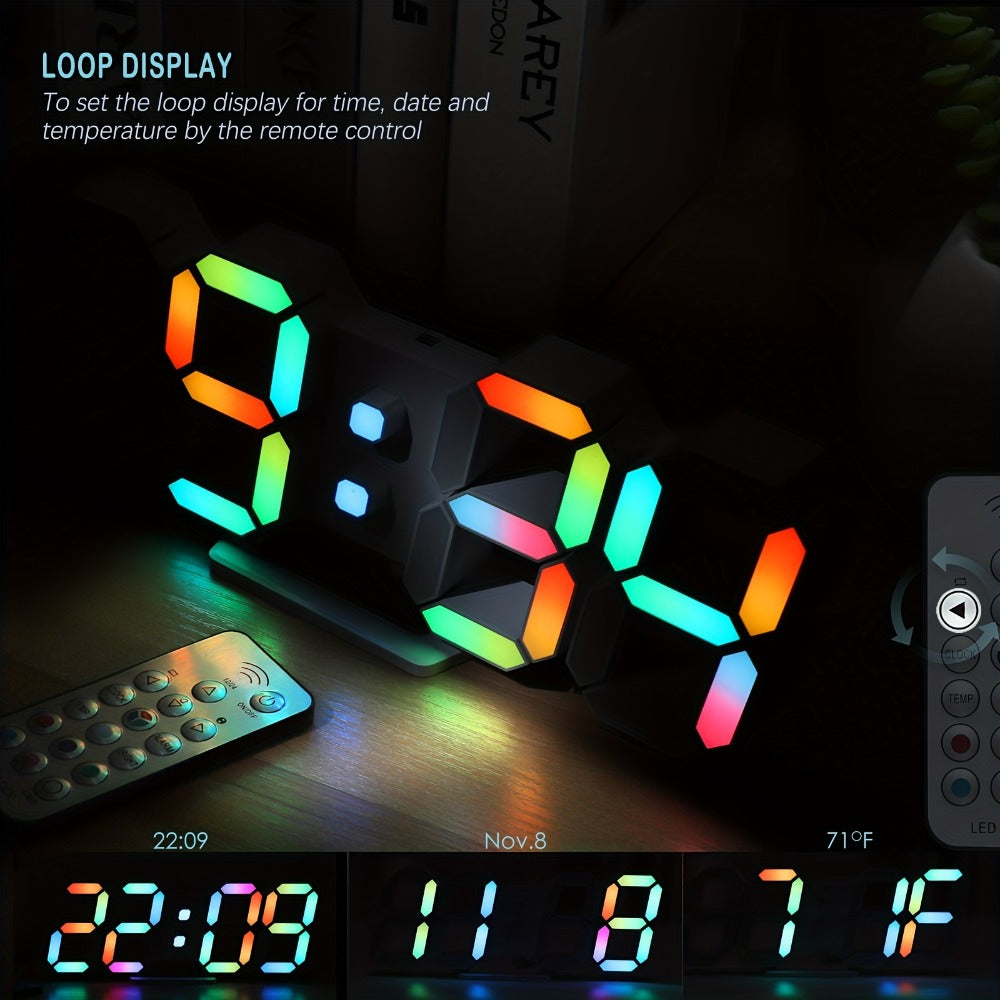 Digital Wall Clock RGB Neon LED 9.7¡± Large Display ¨C Aesthetic Alarm Clock with Remote Control, Adjustable Brightness, Date & Temperature Display for Bedroom, Living Room, Office & Gym