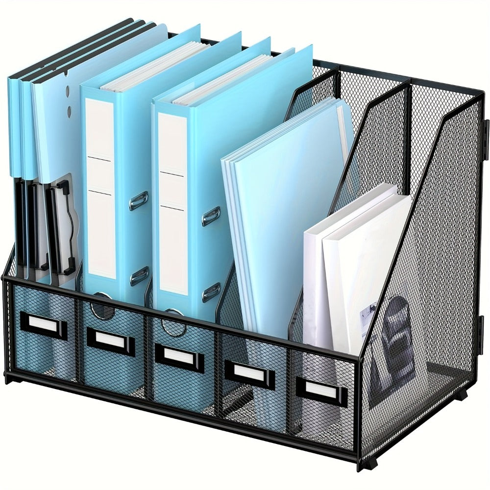 Metal Desk File Organizer 5 Vertical Compartments Magazine Holder Desktop File Rack for Office Home Workspace Document Sorter Letter Tray Paper Storage