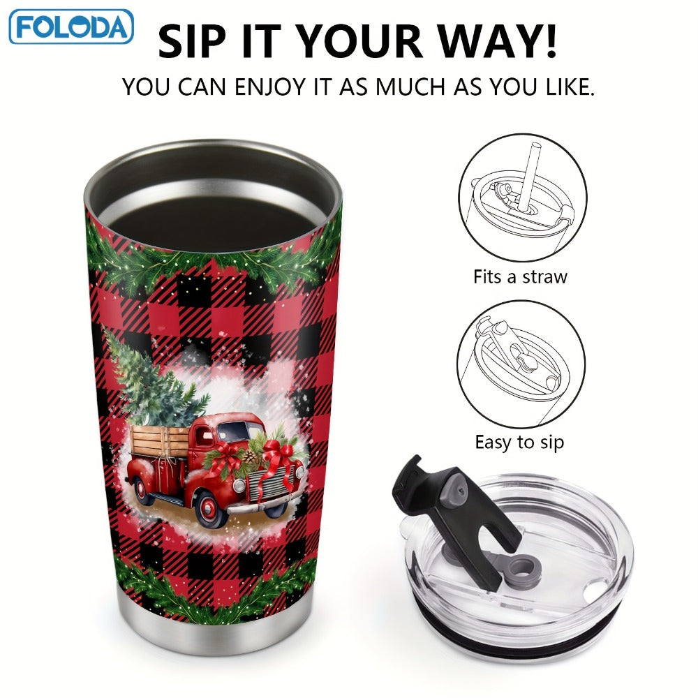 Christmas Tumbler 20oz Stainless Steel Insulated Travel Mug with Lid & Straw Holiday Xmas Patterns Red Truck Snowman Santa Gift for Men Women Friends Teachers