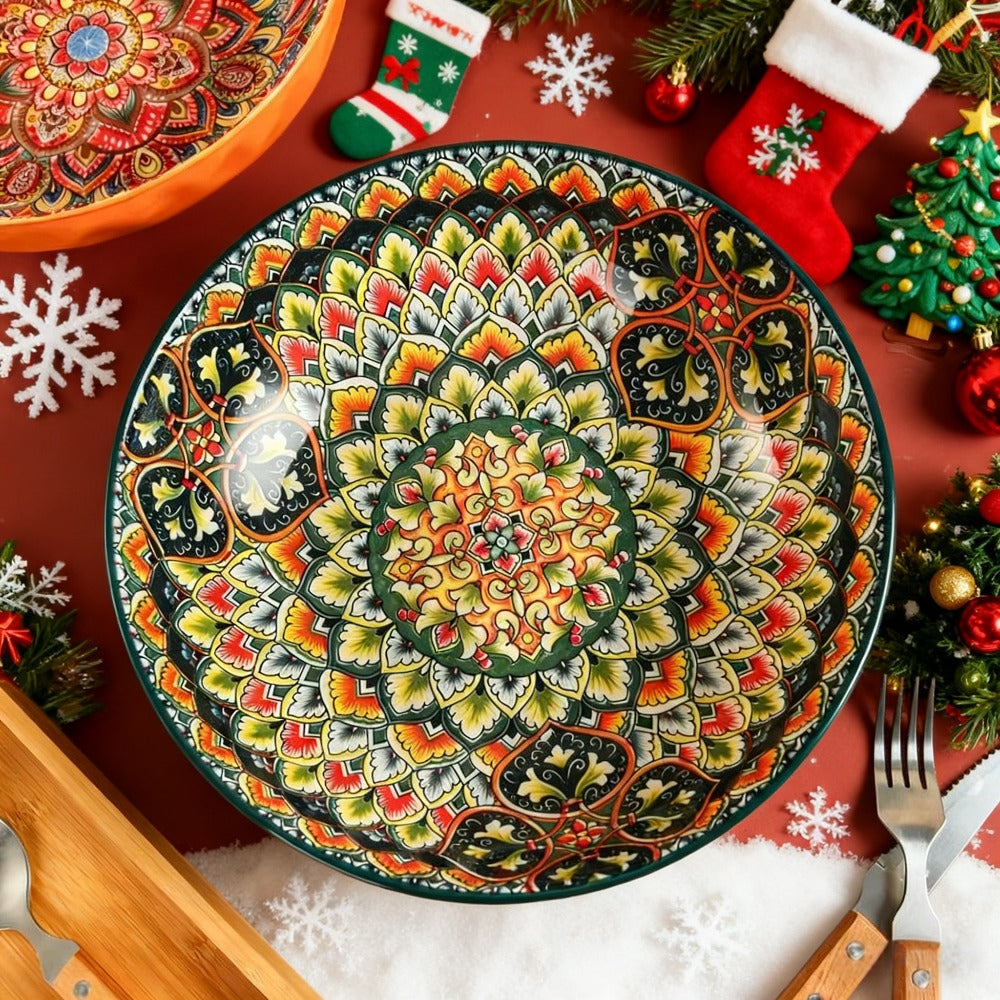 Ceramic Soup Bowl Set 2pcs Bohemian Floral Hand-Painted 25.8cm Microwave Safe Vintage Tableware for Cooking Dining Gift