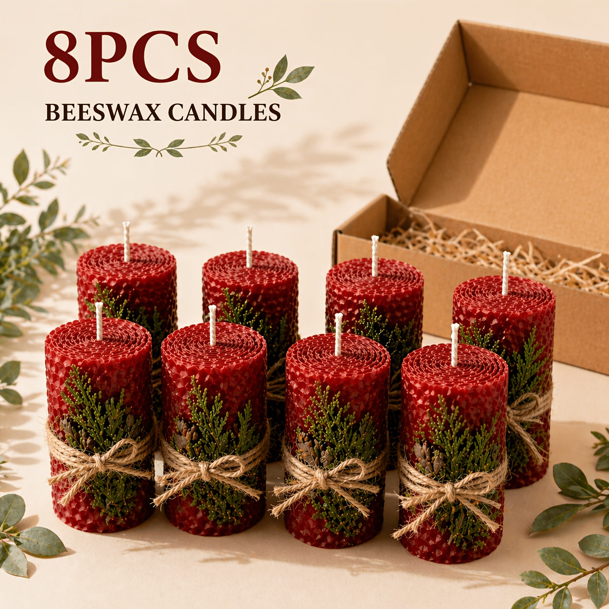 Beeswax Pillar Candles Hand Rolled with Honeycomb Texture ¨C 100% Pure Beeswax, 12+ Hour Burn, Gift Box Set for Home Decor, Christmas, Dinner & Holiday Decorations