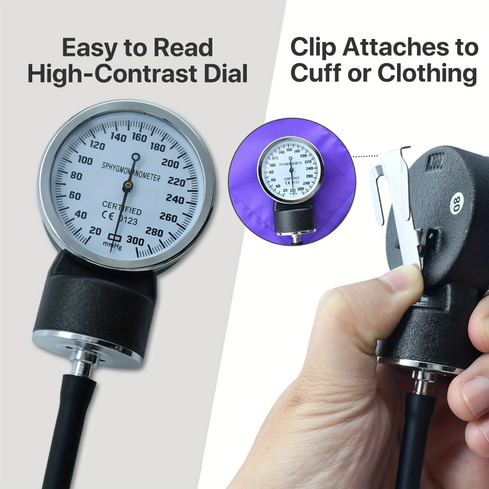 Aneroid Sphygmomanometer & Stethoscope 2-in-1 Set - Manual Blood Pressure Monitor with Nylon Cuff, Fixing Clip, Stethoscope, Portable Case & Accessories, Emergency BP Kit for Medical & Home Use