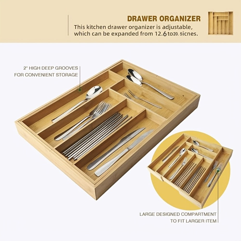 Bamboo Drawer Organizer Expandable Adjustable 9-Compartment Silverware Tray Cutlery Utensil Holder for Kitchen Drawer Office Desk Bedroom Eco-Friendly Bamboo Storage Divider Organizer