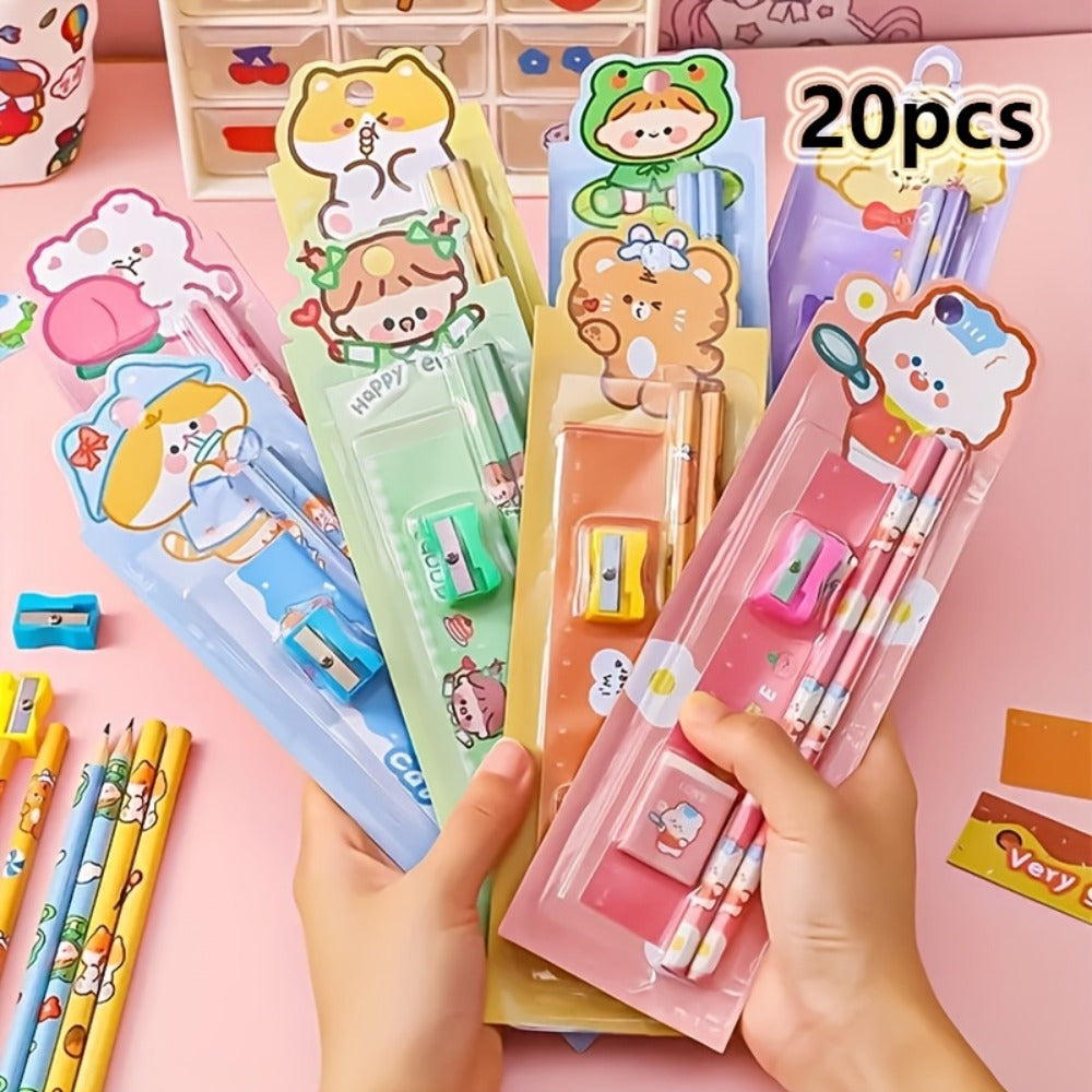 20-Piece Cartoon Pencil Stationery Set with Ruler Eraser Sharpener, Random Cartoon Styles, Kids School Supplies, Party Favor Prizes, Festival Gift Set for Students
