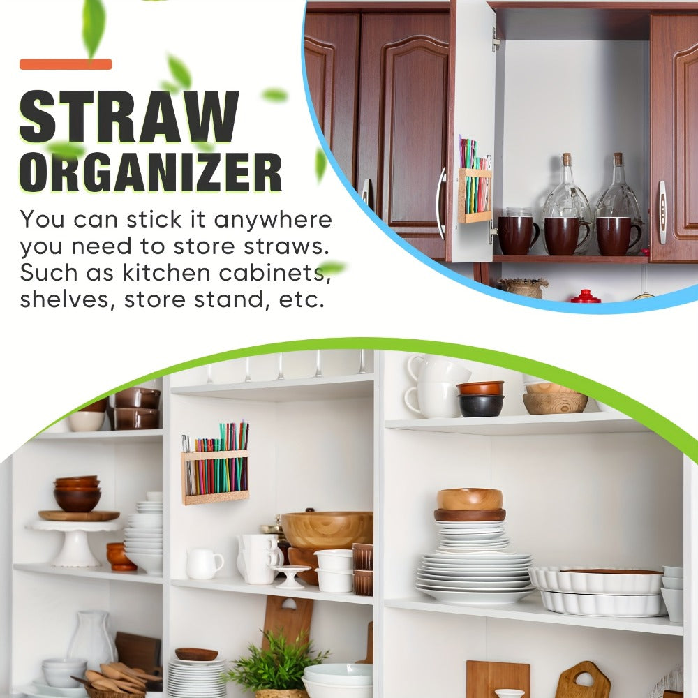 Wooden Straw Holder for Cabinet Door 9.8 Inch Acacia Wood Straw Dispenser Wall Mount Reusable Straw Storage Box for Kitchen Counter Cupboard Organizer