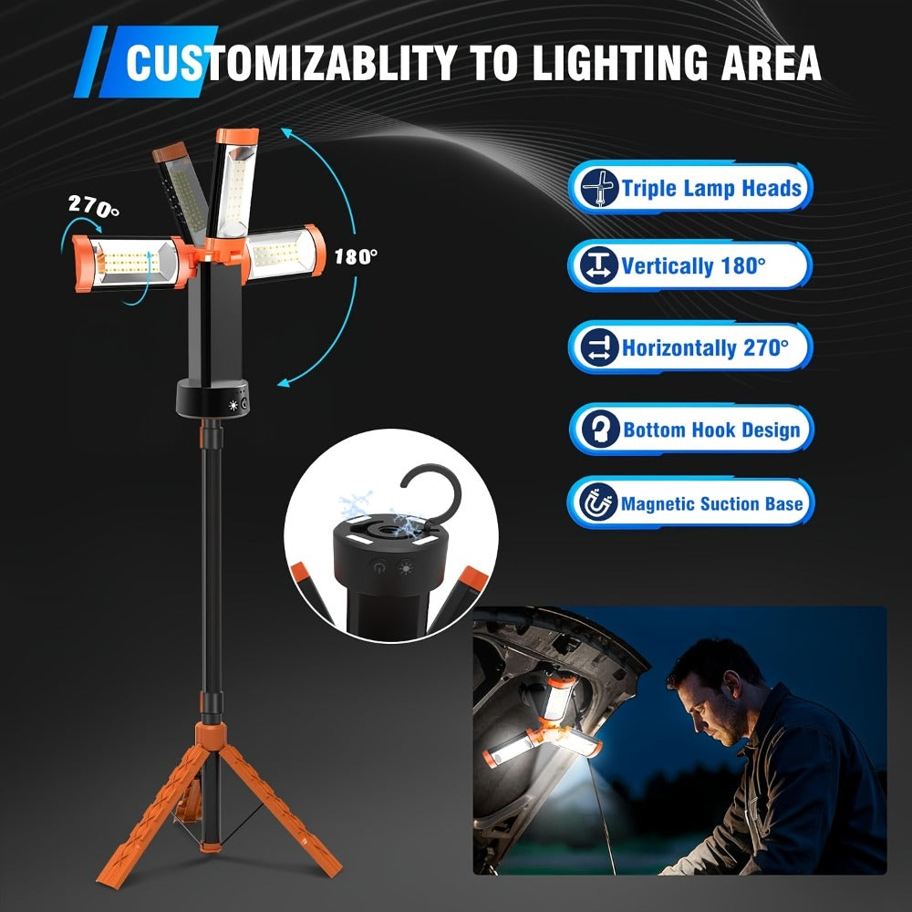 Rechargeable Camping Light 12000mAh with 79 Inch Detachable Tripod Stand ¨C Dimmable 3-Head LED Work Light, Magnetic Base, Cordless Emergency Flashlight for Camping Jobsite Outdoor Power Outage