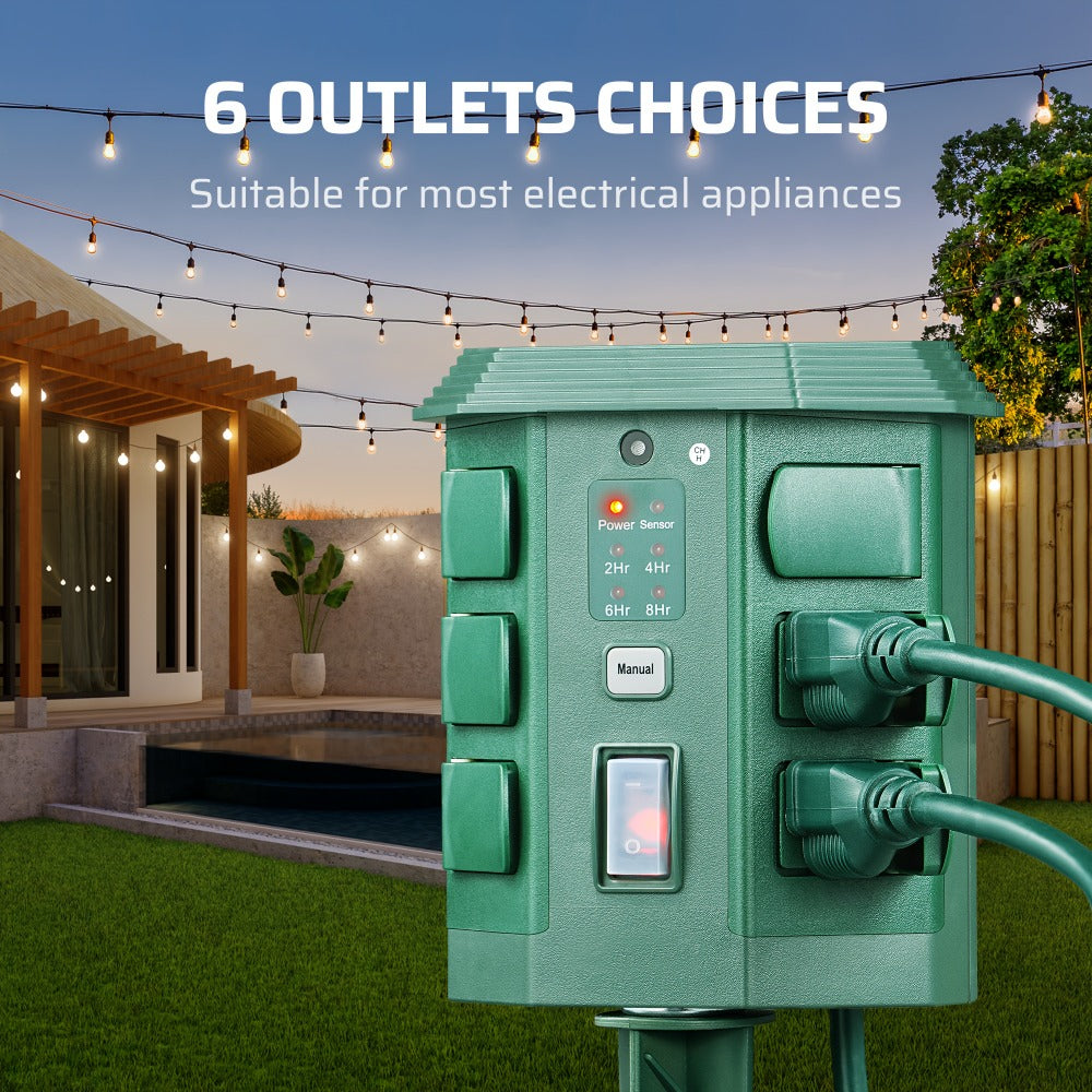 Outdoor Power Stake Timer 6 Outlet Weatherproof ¨C 100FT Wireless Remote Control, Dusk to Dawn Photocell Sensor, 7 Timer Modes, 6FT Cord, Overload Protection for Garden Yard Christmas Holiday Lights