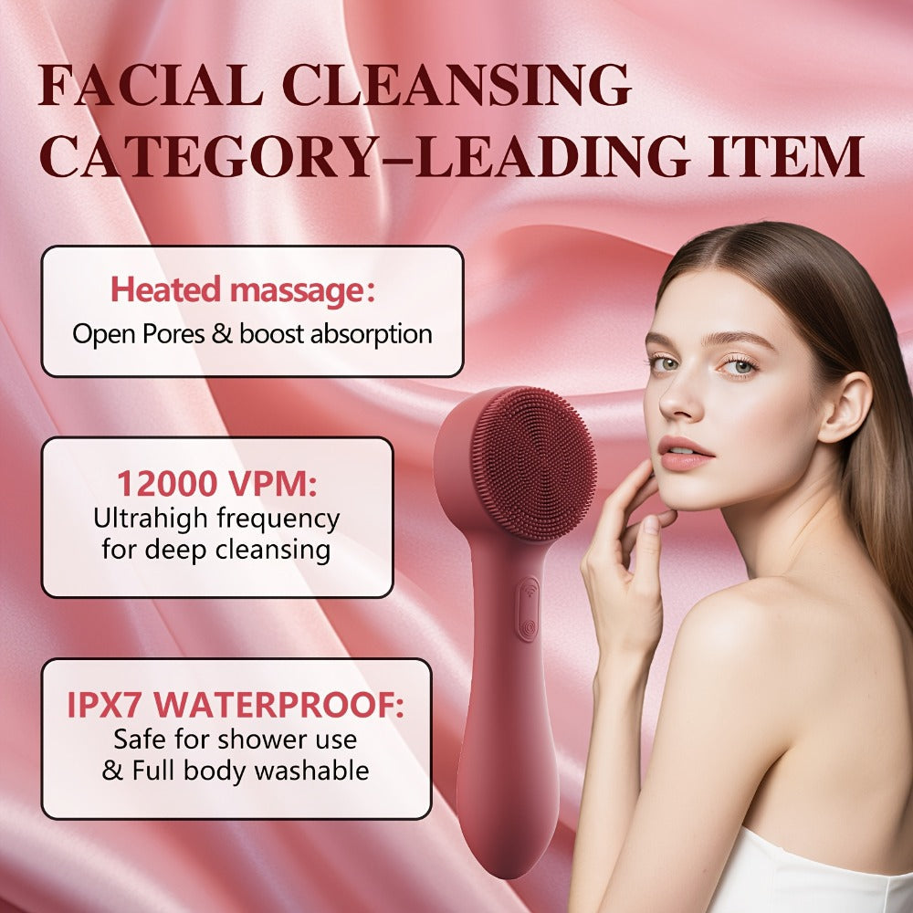 Silicone Facial Cleansing Brush Electric Face Scrubber 12000 Vibrations IPX7 Waterproof USB Rechargeable Heat Massage Deep Pore Cleansing Exfoliator for Sensitive Skin Blue Black Rose Red Pink