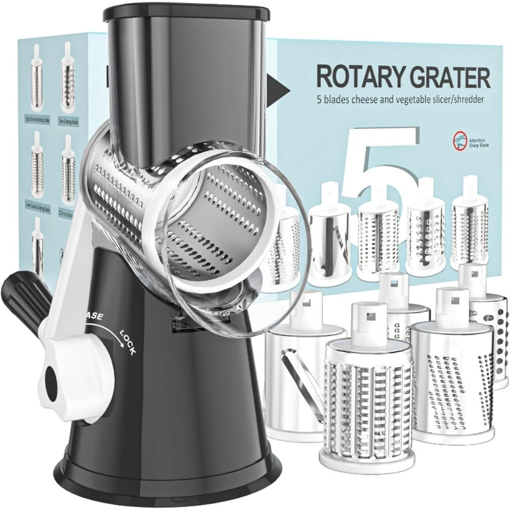 Rotary Cheese Grater with Hand Crank ¨C 3 Interchangeable Blades for Cheese, Vegetables & Nuts, Non-Slip Suction Base, Includes Cleaning Brush ¨C Manual Cheese Shredder for Kitchen (6 Colors)