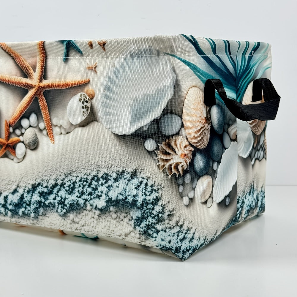 Storage Basket Fabric Organizer Bin ¨C Beach Shell & Starfish Design for Shelf, Laundry, Nursery, Home Office, Dorm, Books, Clothes & Gifts