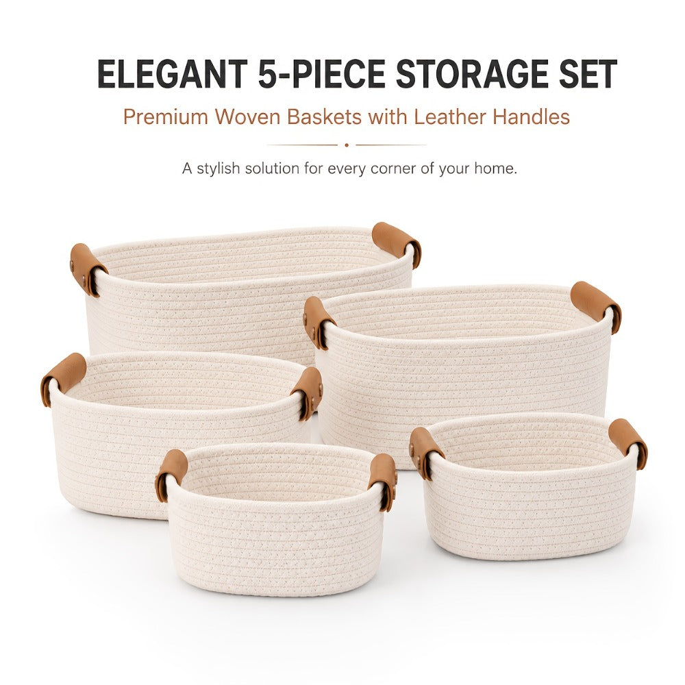 Cotton Rope Storage Basket Set of 5 Woven Baskets with Leather Handles for Shelves Bathroom Bedroom Living Room Office Organizer Bins Boho Home Decor Natural Brown White Black