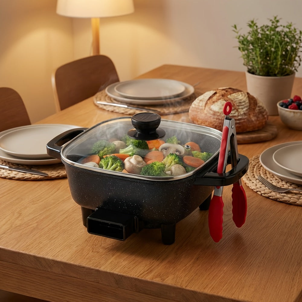 Electric Mini Square Hot Pot 8-Inch Non-Stick Speckled Coating Glass Lid Cool-Touch Handle Multi-Speed Temperature Control Compact Electric Skillet for Cooking Boiling Stewing Small Kitchen Apartment