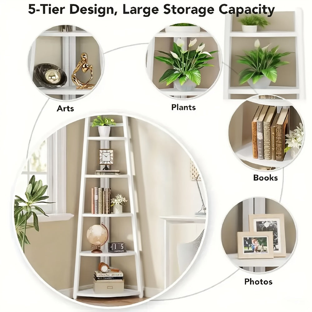 Corner Shelf 5-Tier Scandinavian Storage Cabinet ¨C Space-Saving Vertical Organizer with Baskets, Shelves & Drawer, Modern Plastic Corner Rack for Home, Study, Balcony & Bathroom (White)