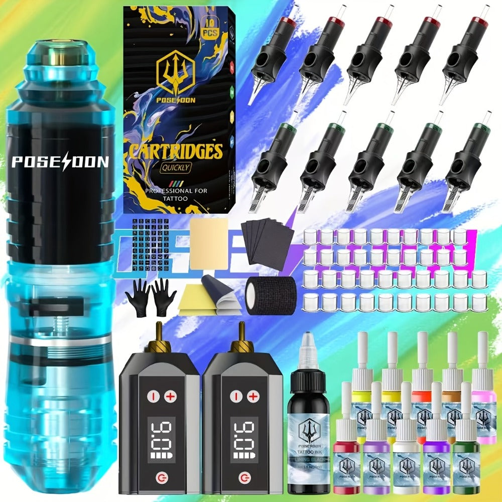 Tattoo Pen Kit Complete Beginner Set - Wireless Battery Tattoo Pen 1400mAh LCD Screen, 10pcs Cartridge Needles, 11 Color Inks, Power Supply, Coreless Motor Low Noise, Tattoo Gun Kit for Beginners