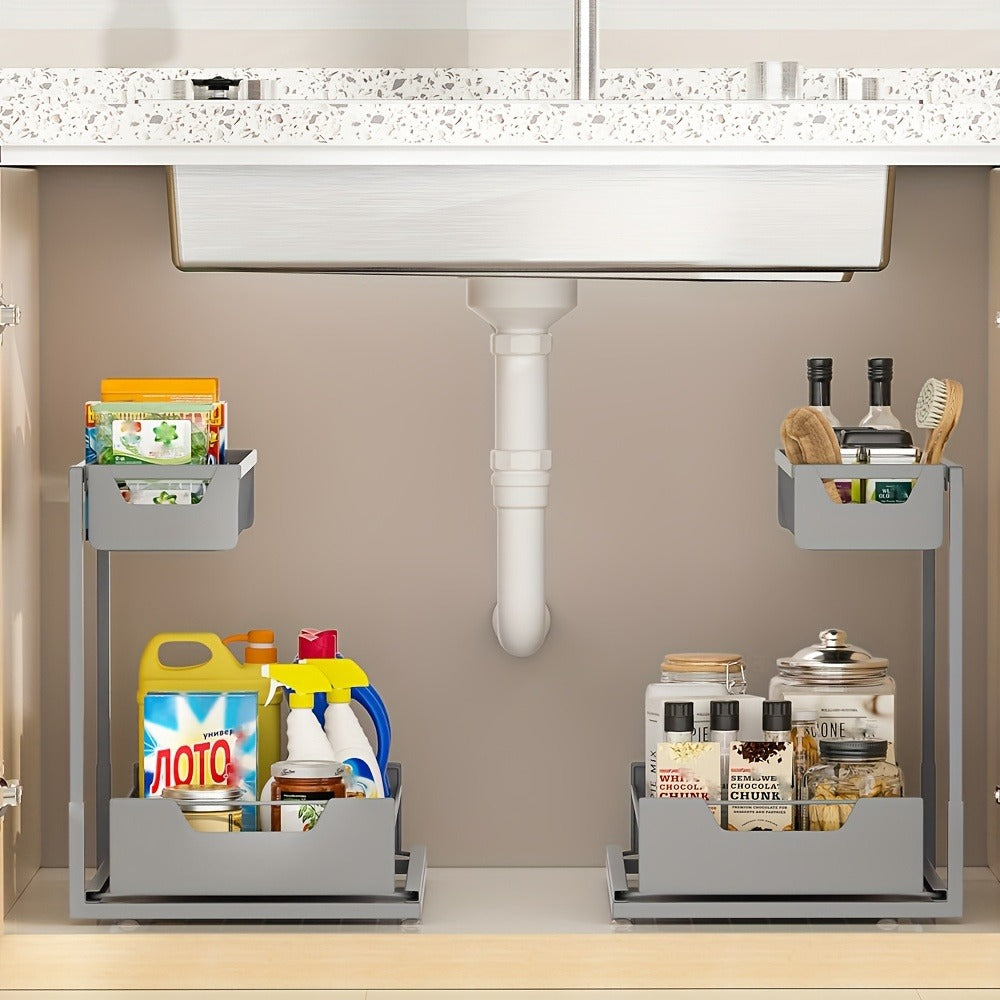 Under Sink Organizer 2-Tier Sliding Pull-Out Metal Rack Cabinet Storage for Kitchen Bathroom Refrigerator Adjustable Shelf Organizer in Black White Gray