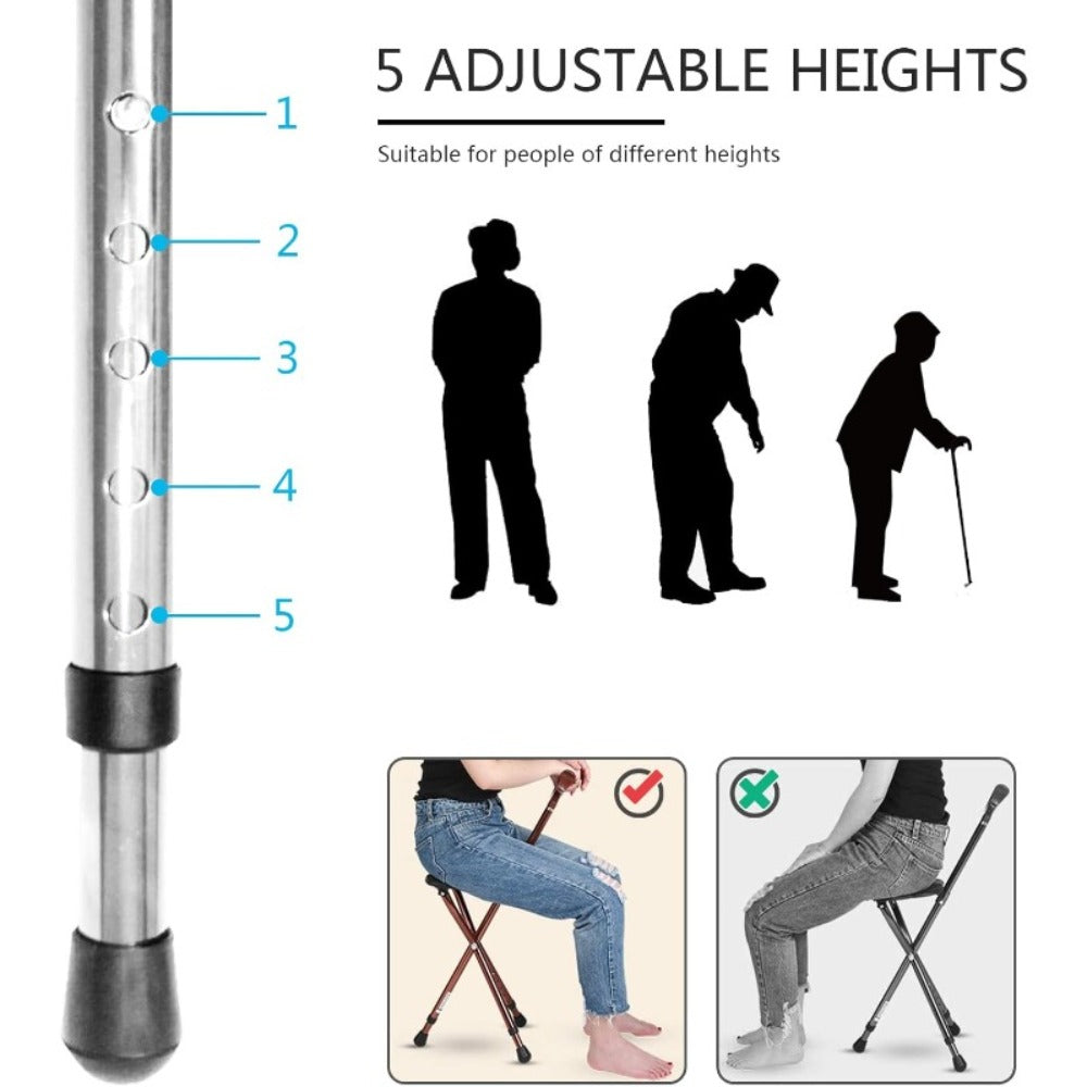 Folding Cane with Seat 440 lbs Capacity, LED Light Telescopic Walking Stick with Height Adjustment & Frosted Handle, Portable Foldable Cane Stool for Seniors Adults