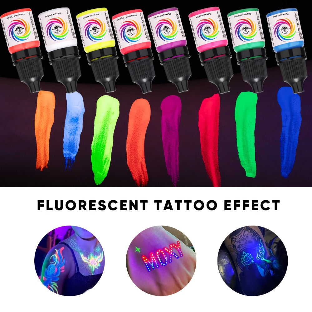 UV Fluorescent Tattoo Ink Set 8 Colors ¨C Professional Long-Lasting Blacklight Tattoo Pigment for Body Art, Permanent Makeup & DIY Tattoo ¨C Vibrant Neon Violet Glow Ink