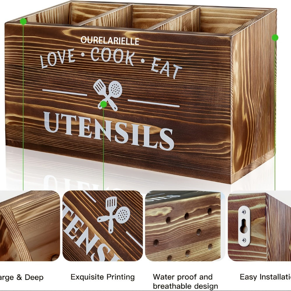 Wooden Cutlery Storage Box with Grid Compartments Chopstick Organizer Rack with Metal Accents for Kitchen Drawer Bedroom Desk Home Organization in Natural White Black