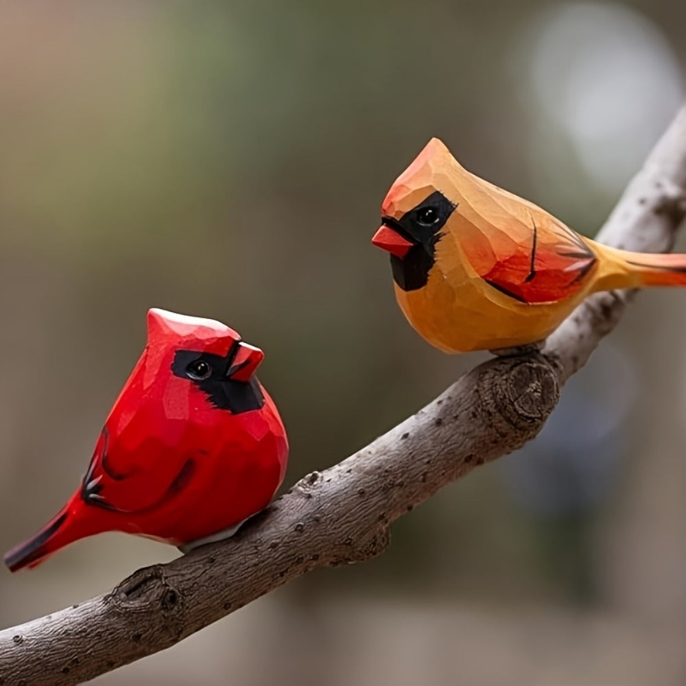 Cardinal Bird Statues Handmade Wood Carving 2pcs - Painted Decorative Bird Figurines for Home Decor Shelf Garden - Best Gift for Bird Lovers Birthday Christmas Family Friends