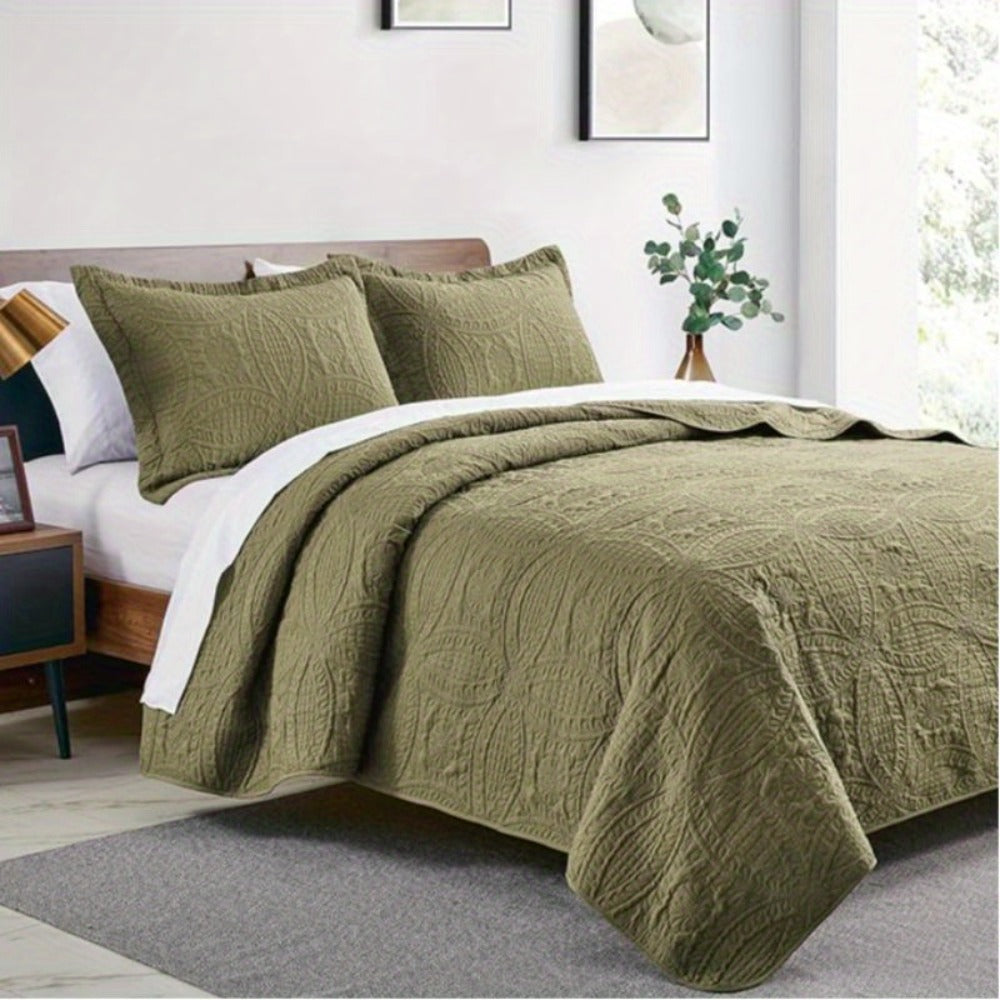 Quilt Set 3 Piece Lightweight Microfiber Bedspread with Pillow Shams - Coin Pattern Coverlet All Season Soft Bed Quilt Full Queen King Orange White Grey Green Khaki