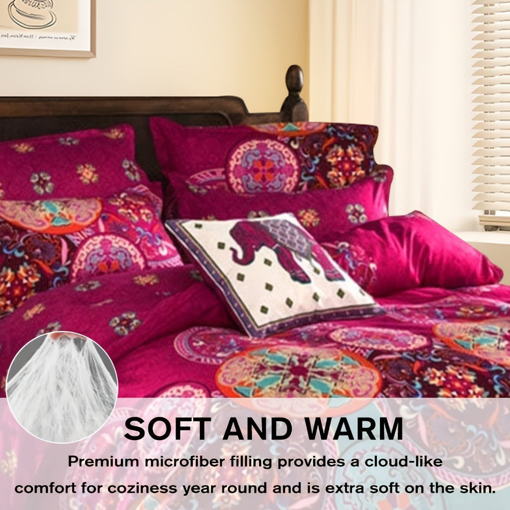 Bohemian Floral Quilt Comforter Set ¨C Soft Microfiber Lightweight Bedding for All Seasons, Twin Queen King ¨C Rose Red, Scarlet & Dark Pink