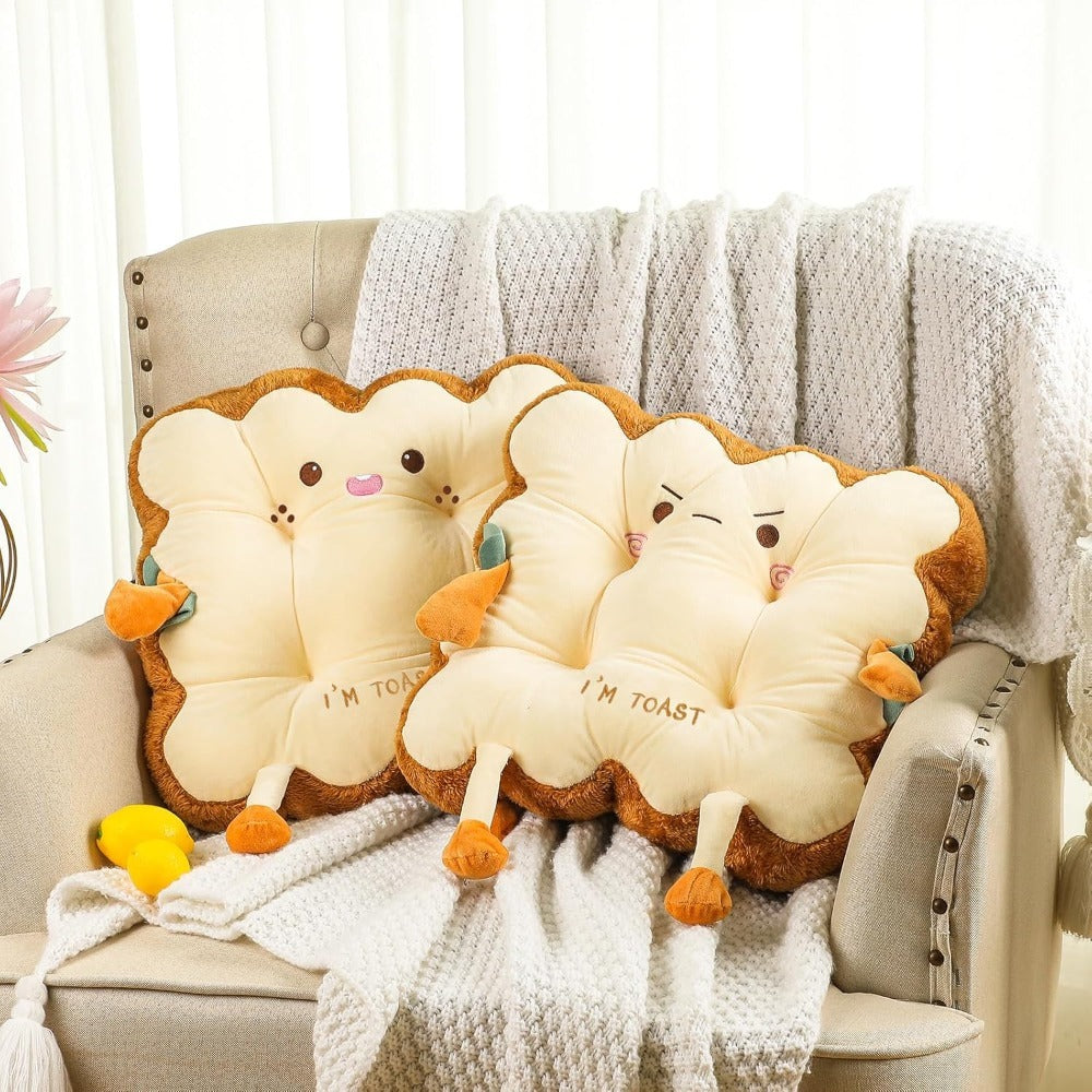 Kawaii Plush Toast Cushion Cute Bread Shaped Seat Pillow Funny Face Expression Soft Stuffed Food Pillow for Office Chair Car Sofa Bedroom Gift