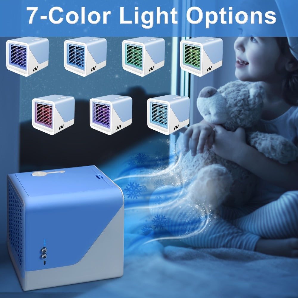 Portable Air Cooler 3-in-1 Mini Personal Air Conditioner Humidifier Fan with Atmosphere Light USB Powered Desktop Evaporative Cooler for Home Office Bedroom Travel Blue Black Green