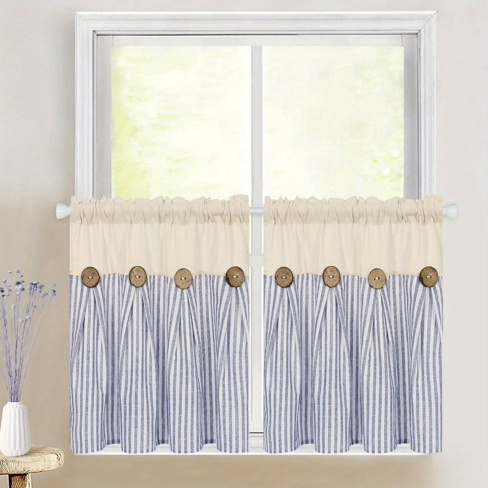 Semi Sheer Curtains Bohemian Linen Cotton Patchwork Grommet Top Window Drapes for Bedroom Living Room Kitchen Bathroom Cafe - Boho Country Cottage Style 4 Seasons 1 or 2 Panels
