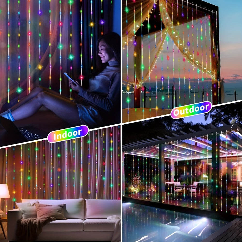 Solar Curtain Lights Outdoor 300 LED Waterfall Fairy String Lights with 8 Modes Remote Control USB Rechargeable Dimmable Timer for Christmas Gazebo Party Wedding Window Decor