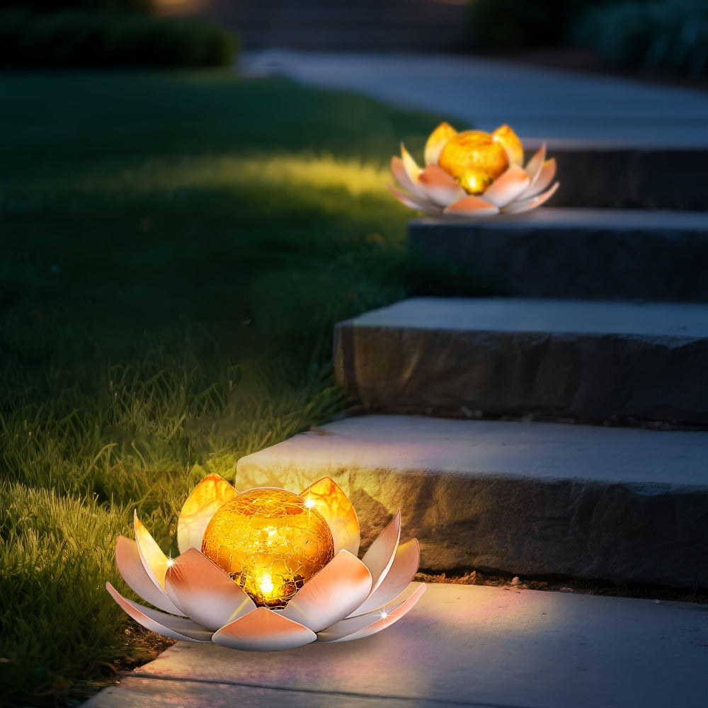 Solar Lotus Garden Lights 2-Pack ¨C Rustic Iron Outdoor Stake Light with Cracked Glass Globe, IPX4 Waterproof Solar Powered Yard Lawn Patio Pool Decor, Warm Glow Landscape Lighting Gift