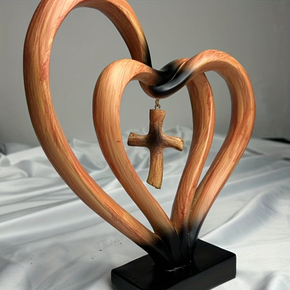 Resin Cross Ornament Wood Grain Love Design ¨C Modern Decorative Cross Statue for Home Office Desktop, Mother's Day Valentine's Day Gift, Tabletop Spiritual Decor Figurine