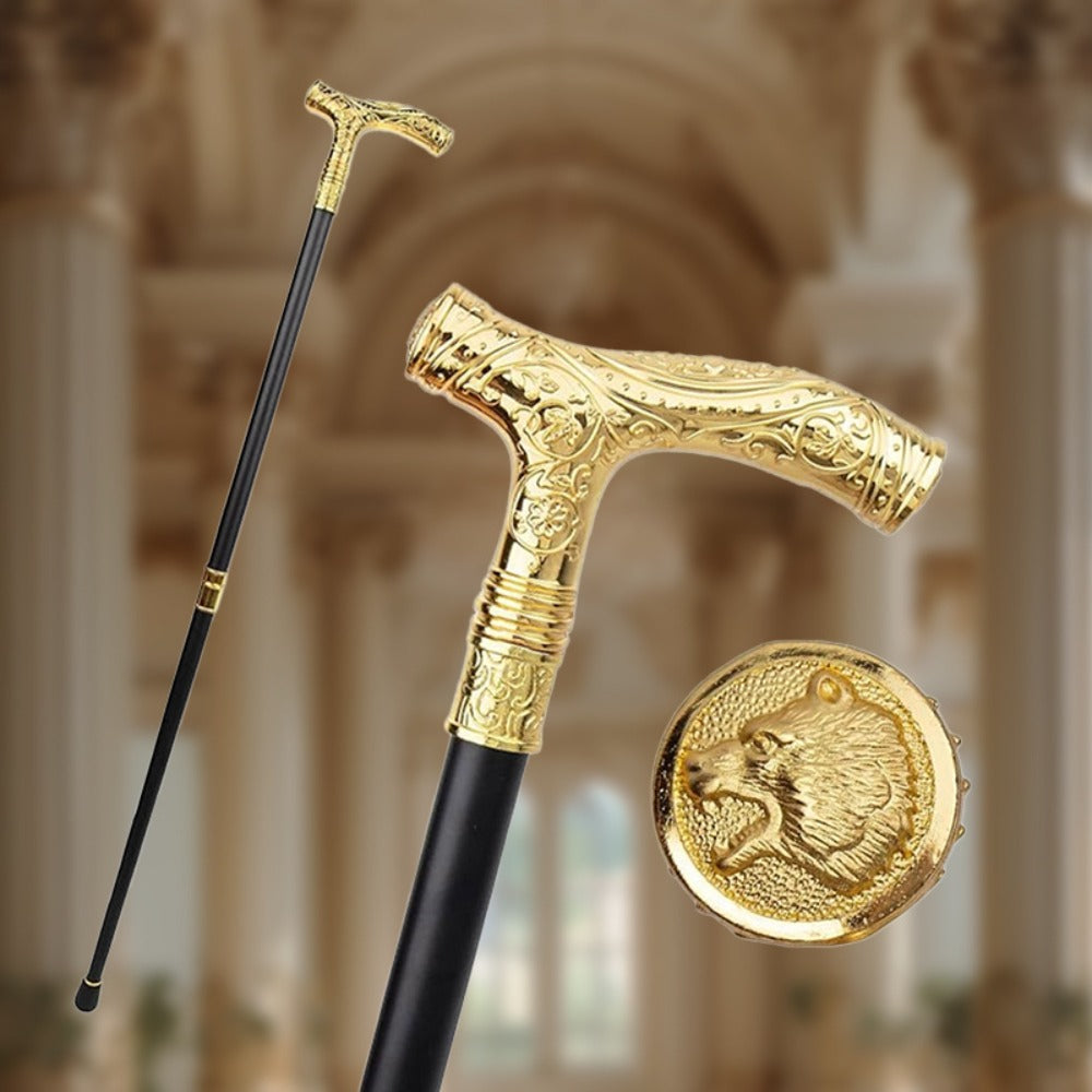 Walking Cane with Bear Head Handle Decorative Gentleman Stick Carved Flower Relief Knob Cane Fashion Mobility Aid Staff 35.4 Inch Golden