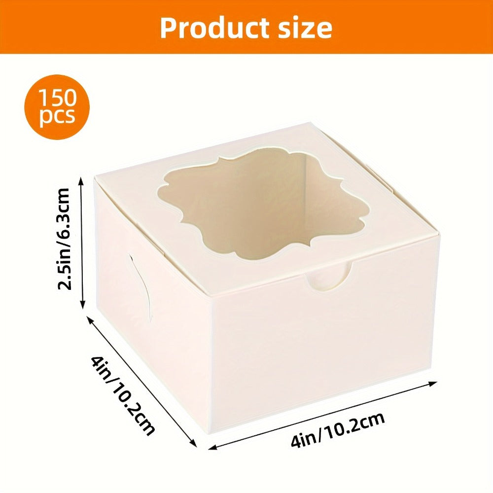 Treat Boxes 150pcs with Window | 4x4x2.5 Inch White Bakery Boxes | 3 Style Clear Window Gift Boxes for Dessert, Chocolate, Strawberries, Donuts, Cookies | Birthday Party, Wedding, Father's Day Packaging