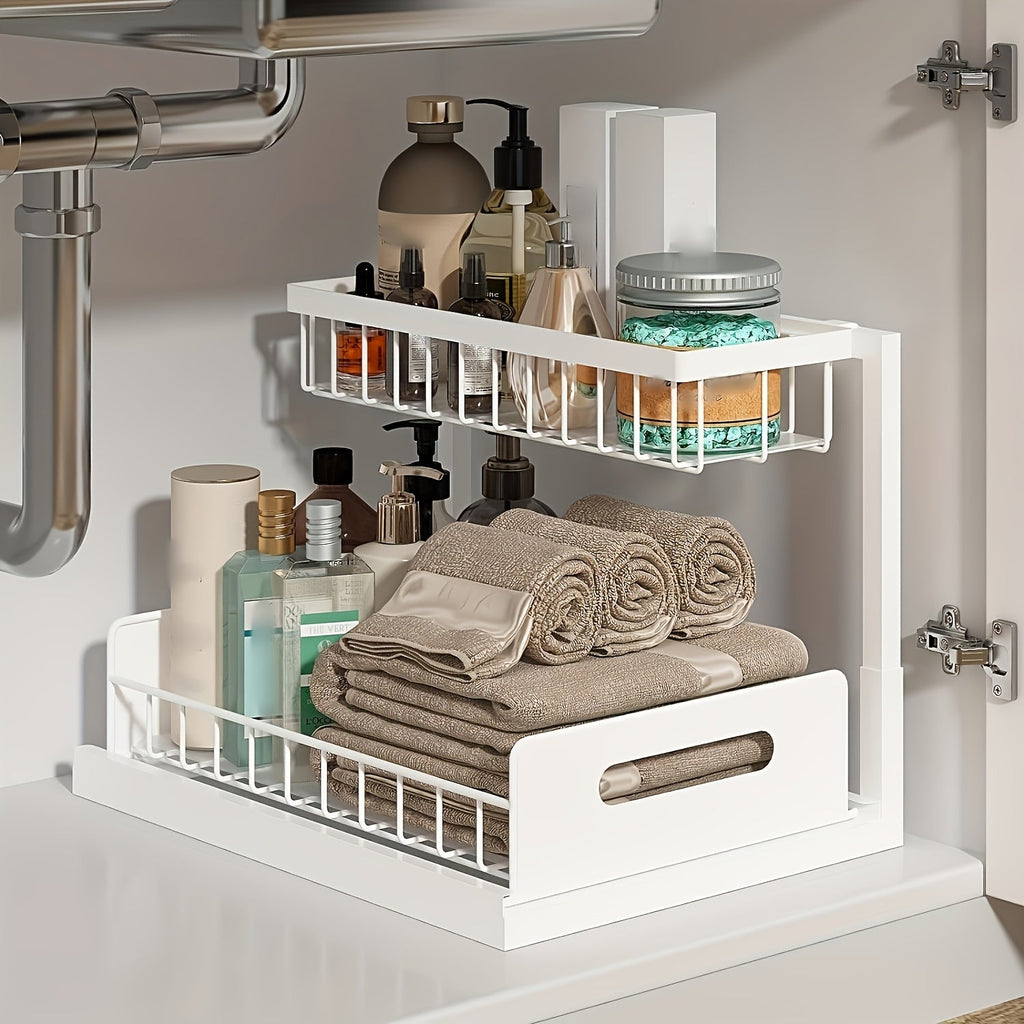 Under Sink Organizer Pull Out, 2-Tier Slide Out Cabinet Organizer with Adjustable Shelves, Under Sink Storage Rack for Kitchen Bathroom Cabinet Organization