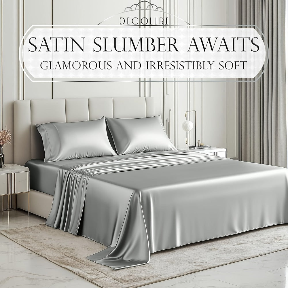 Satin Bed Sheet Set 4-Piece, Cooling Silky Soft Microfiber Sheets with Deep Pocket Fitted Sheet, Flat Sheet & 2 Pillowcases, Breathable Lightweight Bedding for Twin Full Queen King