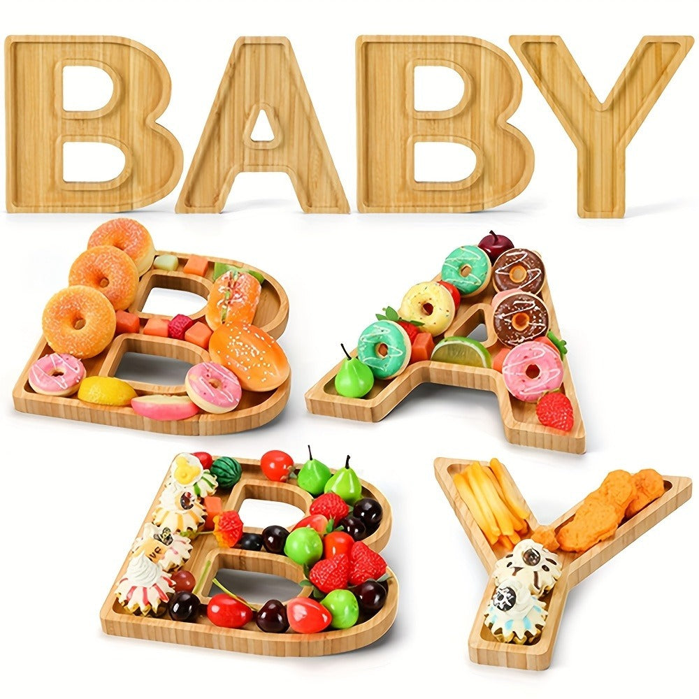 Baby Shower Charcuterie Board Set ¨C 4-Piece BABY Letter Shaped Wooden Serving Tray, Bamboo Snack Platter for Gender Reveal, Birthday Party, Cake & Cookie Display