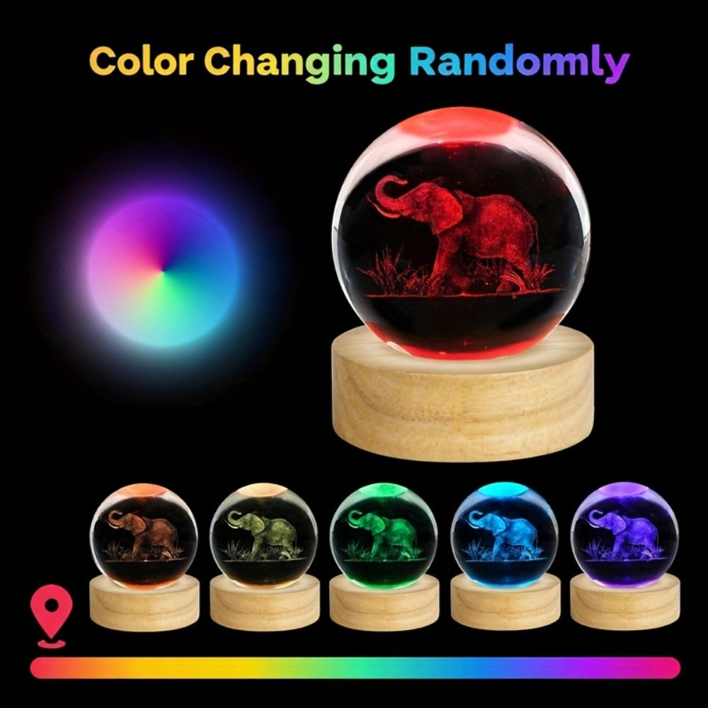 3D Elephant Crystal Ball LED Lamp USB Powered Colorful Night Light Wooden Base Elephant Figurine Tabletop Decor Gift for Women Mom Wife Girlfriend Birthday Valentine Anniversary